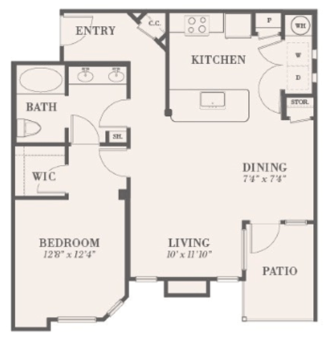 Floor plan for 1 bed, 1 bath, 861 sqft