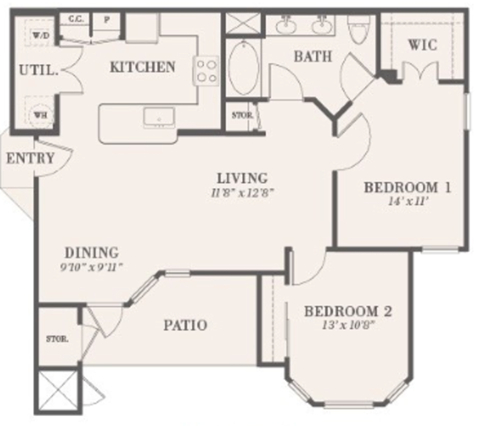 Floor plan for 2 beds, 1 bath, 974 sqft