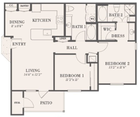 Floor plan for 2 beds, 2 baths, 1028 sqft