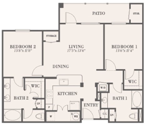 Floor plan for 2 beds, 2 baths, 1098 sqft