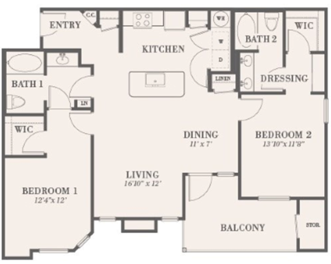 Floor plan for 2 beds, 2 baths, 1147 sqft