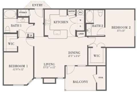 Floor plan for 2 beds, 2 baths, 1188 sqft