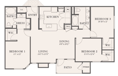 Floor plan for 3 beds, 2 baths, 1362 sqft