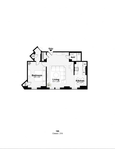 Floor plan for 1 bed, 1 bath, 698 sqft