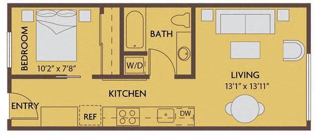 Floor plan for 1 bed, 1 bath, 528 sqft