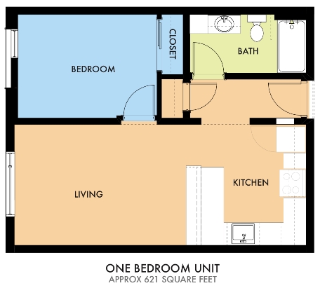 Floor plan for 1 bed, 1 bath, 621 sqft