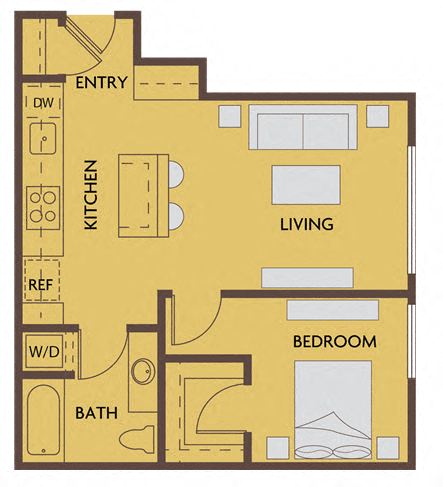 Floor plan for 1 bed, 1 bath, 638 sqft