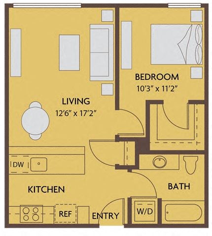Floor plan for 1 bed, 1 bath, 650 sqft