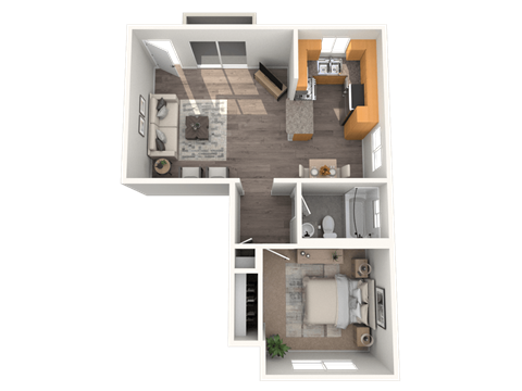 Floor plan for 1 bed, 1 bath, 606 sqft