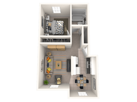 Floor plan for 1 bed, 1 bath, 733 sqft