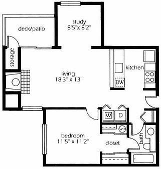 Floor plan for 1 bed, 1 bath, 700 sqft