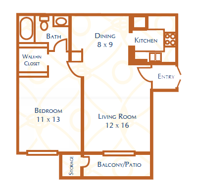 Floor plan for 1 bed, 1 bath, 625 sqft