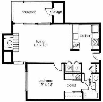 Floor plan for 1 bed, 1 bath, 650 sqft