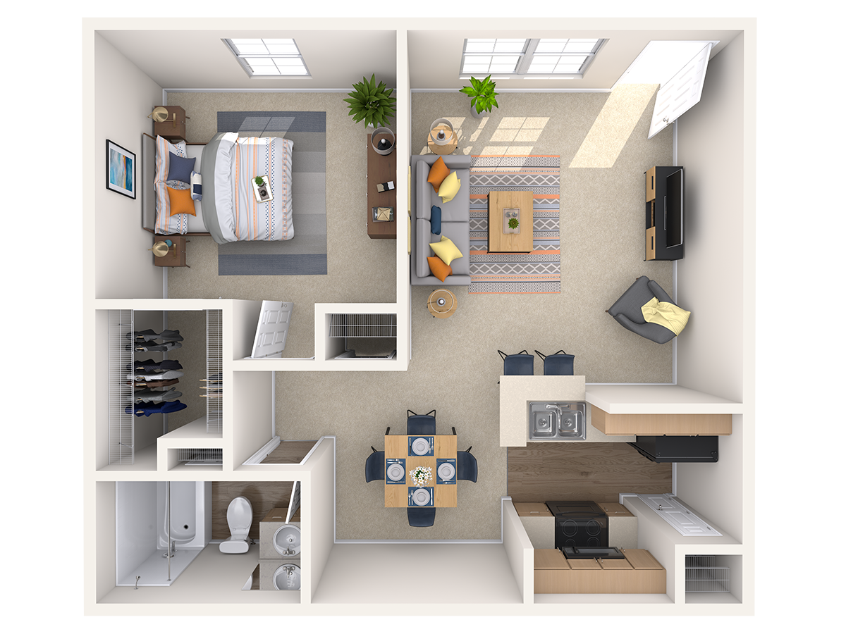 Floor plan for 1 bed, 1 bath, 610 sqft