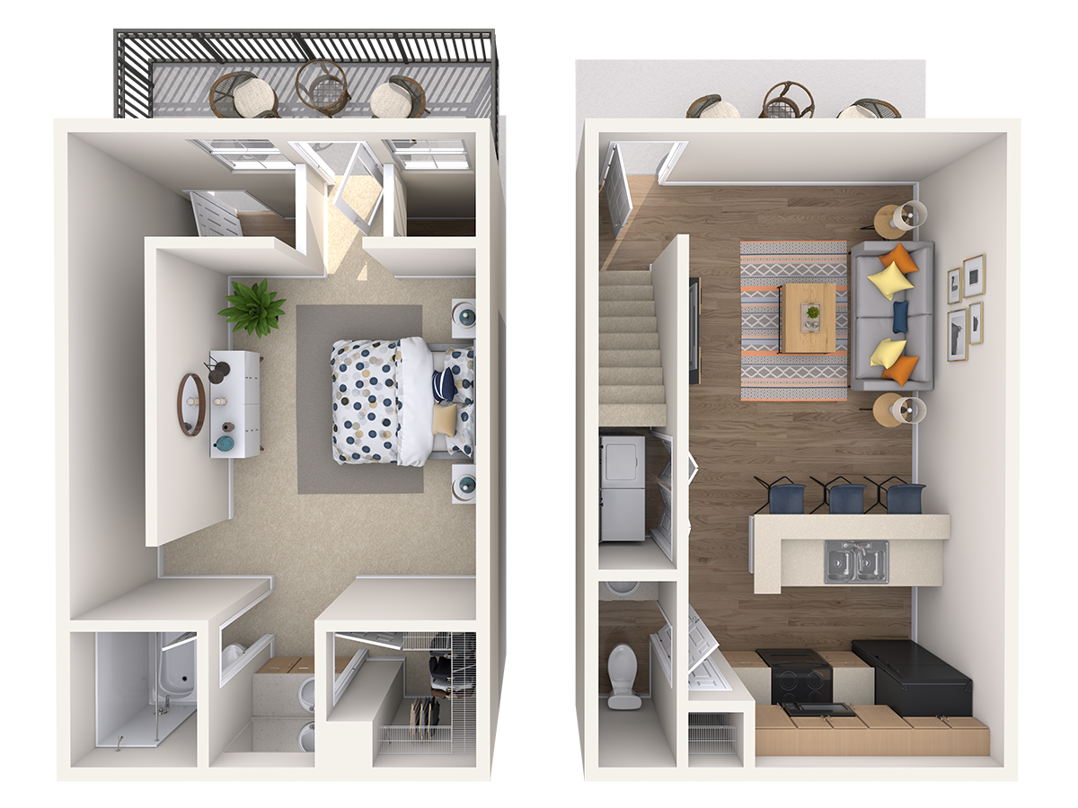Floor plan for 1 bed, 1.5 baths, 736 sqft