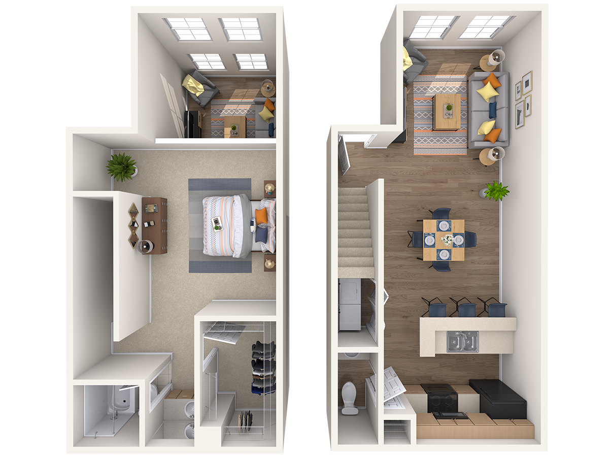 Floor plan for 1 bed, 1.5 baths, 891 sqft