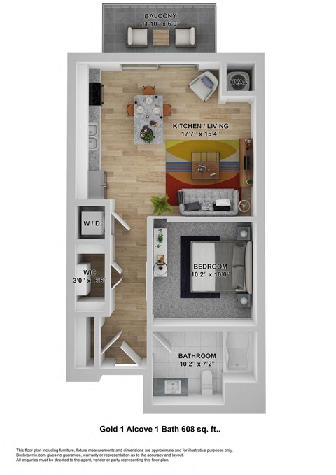 Floor plan for studio, 1 bath, 608 sqft