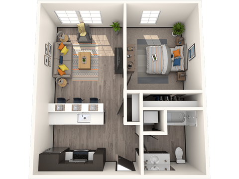 Floor plan for 1 bed, 1 bath, 627 sqft
