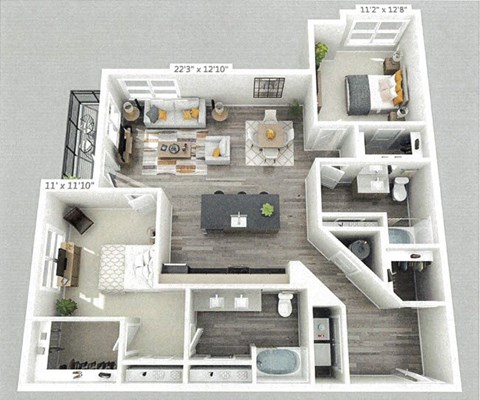 Floor plan for 2 beds, 2 baths, 1219 sqft