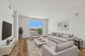 Miami apartment for rent - Modern open-concept living room in a pet-friendly one-bedroom apartment at Riverview One Apartments in Downtown Miami near Brickell, the Miami River, Miami Worldcenter, and the Health District.