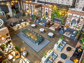 Grand lobby with backstory coffee bar and co-working lounge