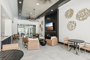 Celina apartment for rent - A modern dining room with a black table and chairs.