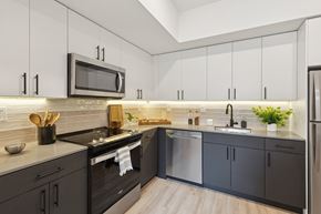 Philadelphia apartment for rent - A modern kitchen with black cabinets and a white microwave above the stove.
