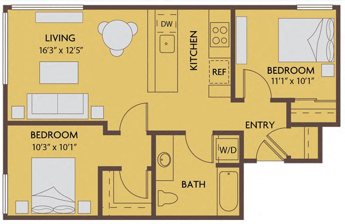 Floor plan for 2 beds, 1 bath, 818 sqft