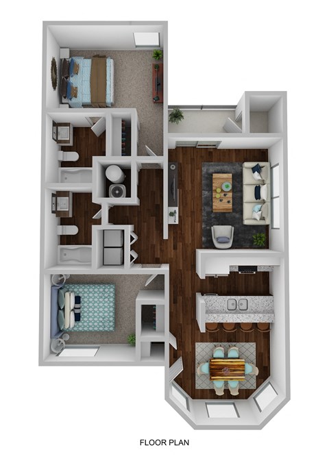 Floor plan for 2 beds, 2 baths, 959 sqft