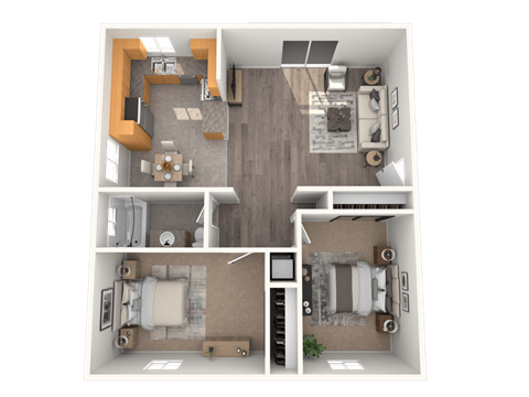 Floor plan for 2 beds, 1 bath, 832 sqft