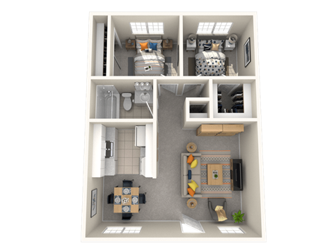 Floor plan for 2 beds, 1 bath, 865 sqft