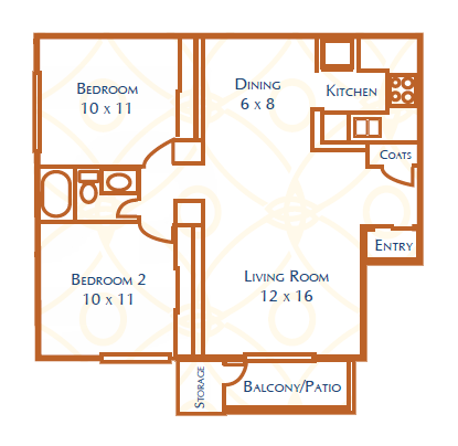 Floor plan for 2 beds, 1 bath, 765 sqft