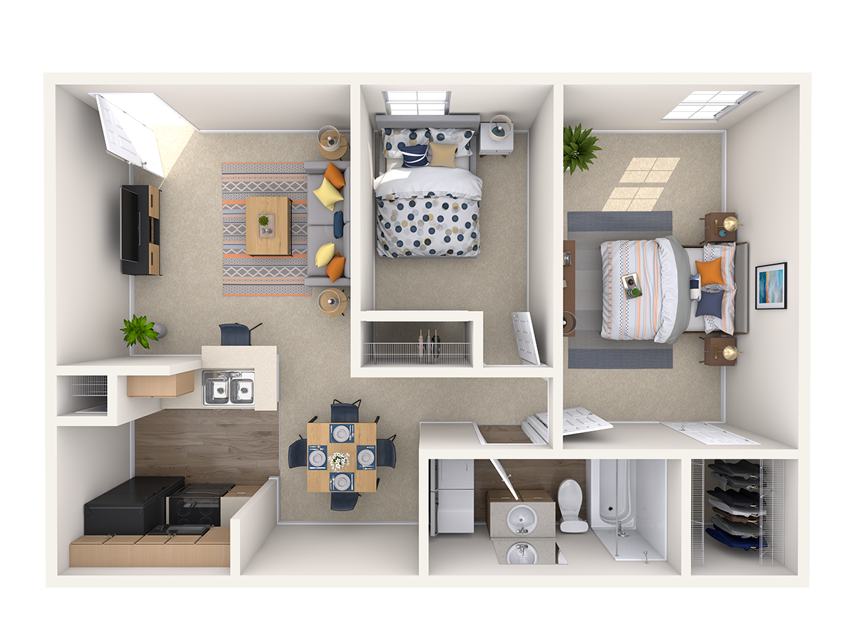 Floor plan for 2 beds, 1 bath, 804 sqft