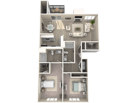 Floor plan for 2 beds, 2 baths, 987 sqft
