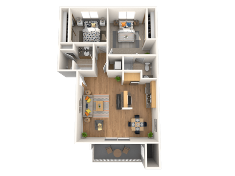 Floor plan for 2 beds, 2 baths, 995 sqft