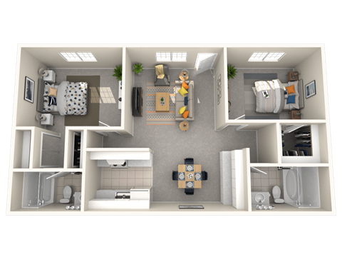 Floor plan for 2 beds, 2 baths, 908 sqft