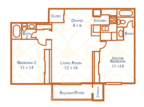 Floor plan for 2 beds, 2 baths, 900 sqft