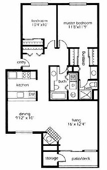 Floor plan for 2 beds, 2 baths, 975 sqft
