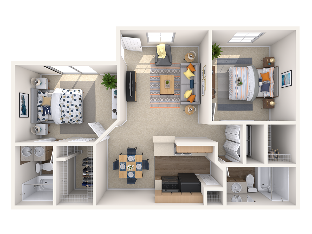 Floor plan for 2 beds, 2 baths, 897 sqft