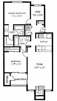 Floor plan for 2 beds, 2 baths, 1041 sqft