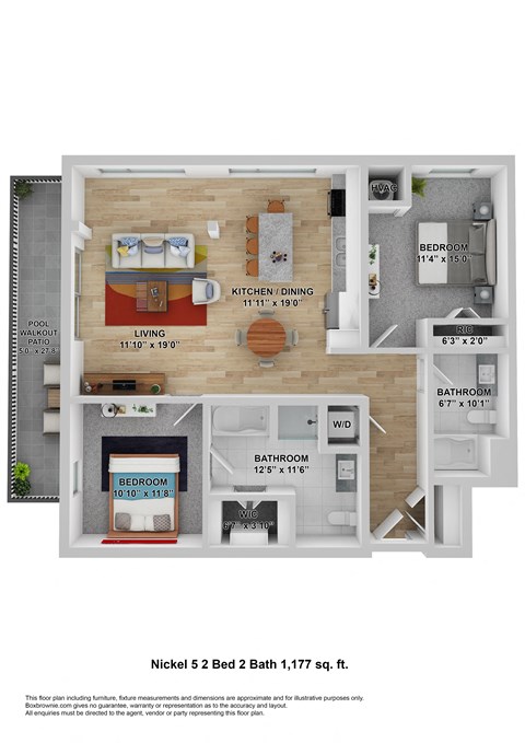Floor plan for 2 beds, 2 baths, 1177 sqft