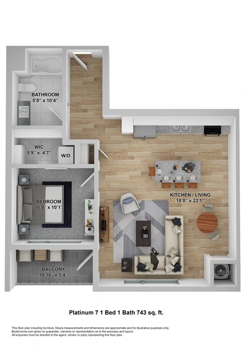 Floor plan for 1 bed, 1 bath, 743 sqft