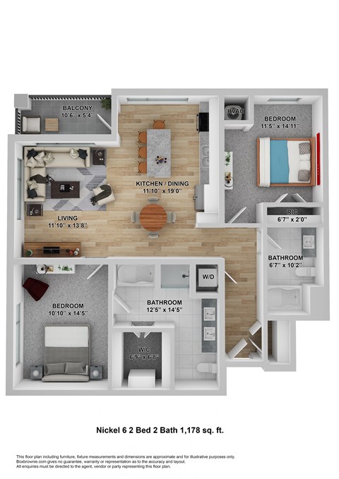 Floor plan for 2 beds, 2 baths, 1178 sqft