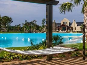Humble townhouse for rent - Pet-Friendly Homes for Rent in Humble, TX - Edgewater at the Lagoon - Pool with a Hammock in Shaded Area, and Beautiful Landscaping