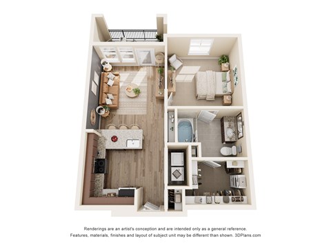Floor plan for 1 bed, 1 bath, 623 sqft