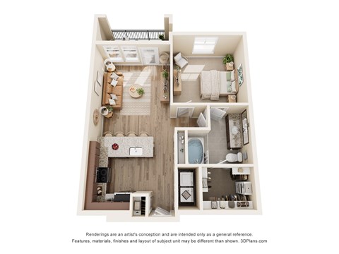 Floor plan for 1 bed, 1 bath, 698 sqft