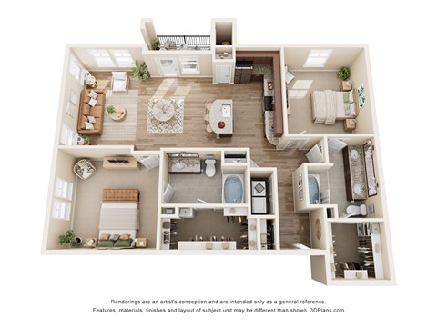 Floor plan for 2 beds, 2 baths, 1233 sqft