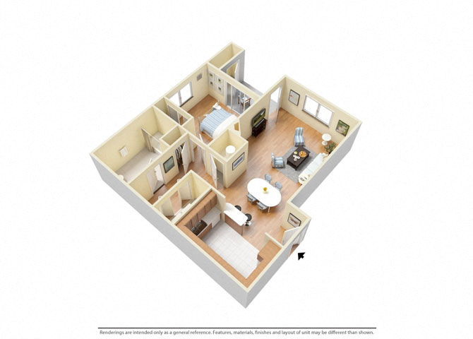 Floor plan for 1 bed, 1 bath, 747 sqft
