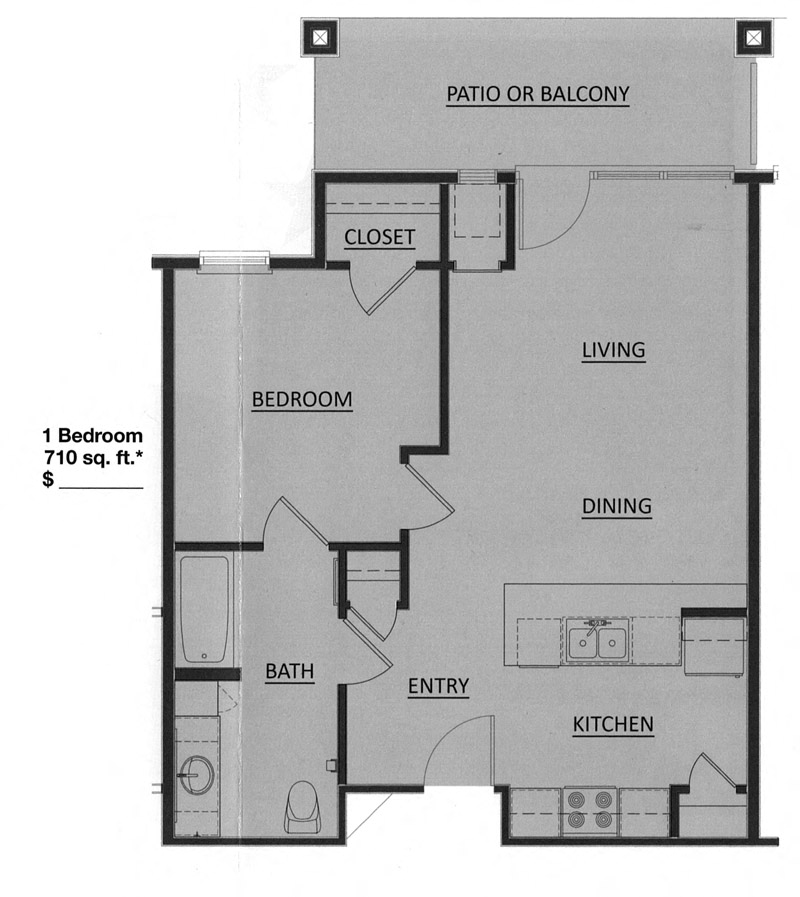 Floor plan for 1 bed, 1 bath, 710 sqft
