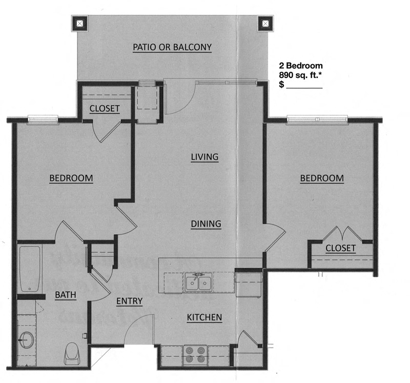 Floor plan for 2 beds, 1 bath, 890 sqft